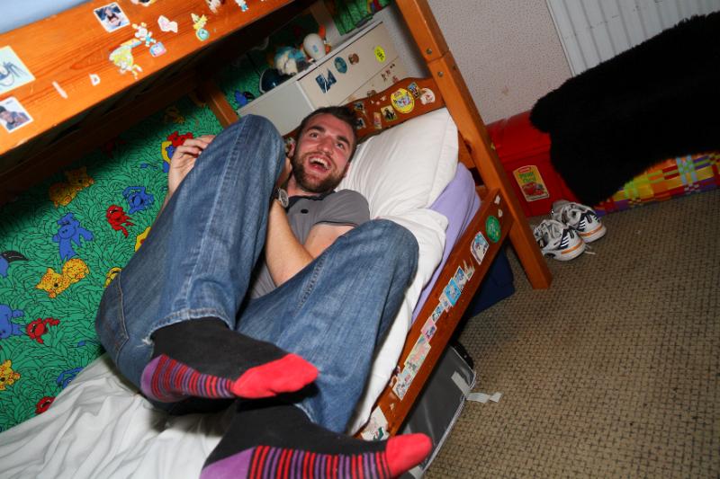 CandJwed-037.jpg - night before the wedding - Scott tries the bunk bed for size!