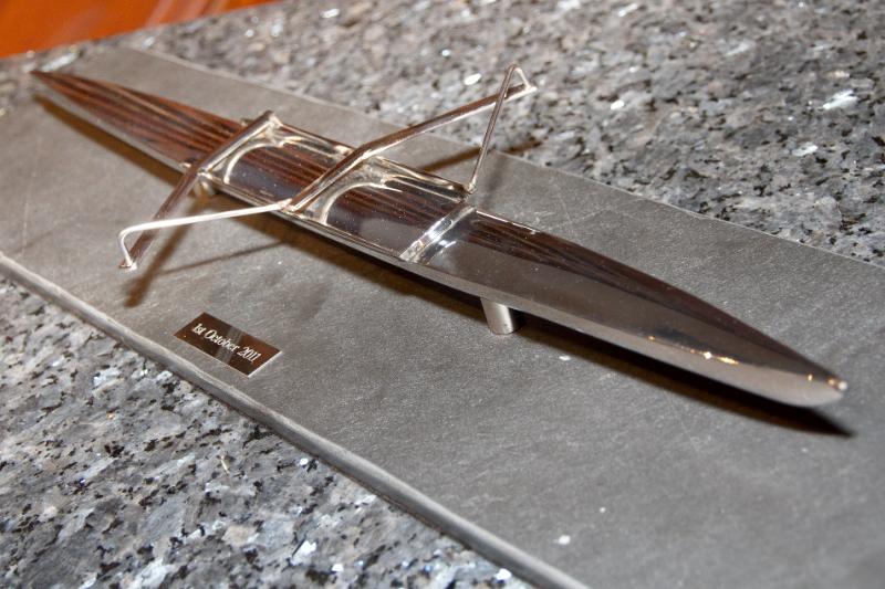 CandJwed-418.jpg - Model of coxless pair hand-made in stainless steel by friend of Scott's